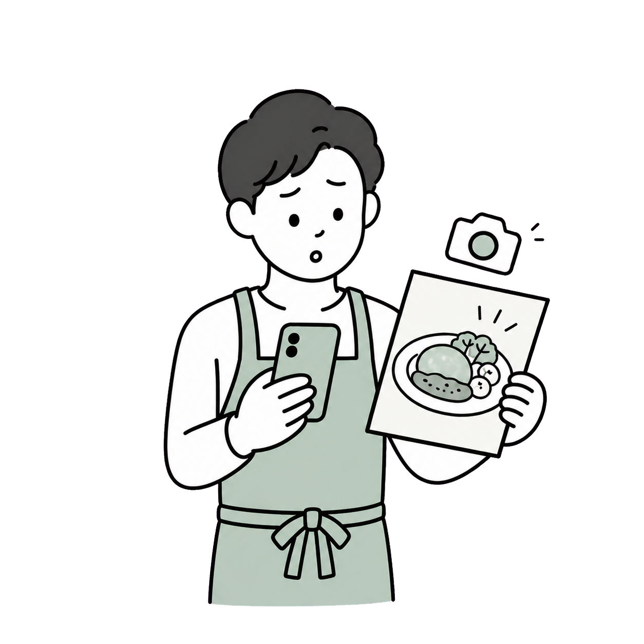 古いメニュー写真を見て困っている若い男性店舗オーナーのイラスト