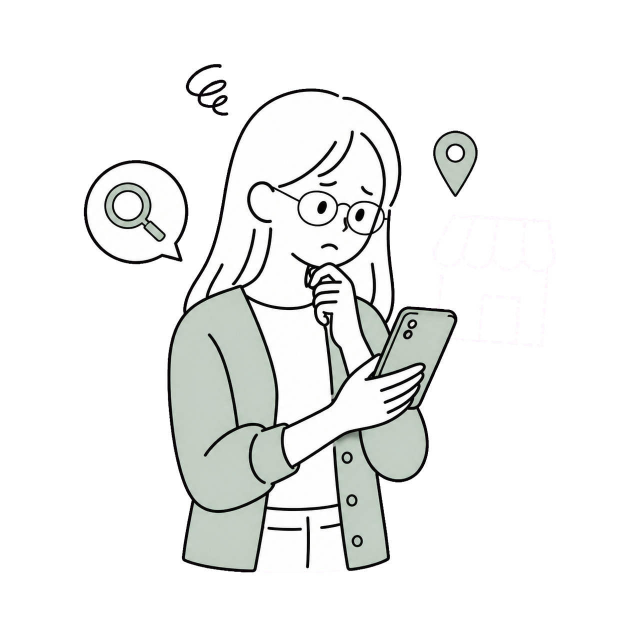 検索しても自分のお店が見つからず困っている女性店舗オーナーのイラスト