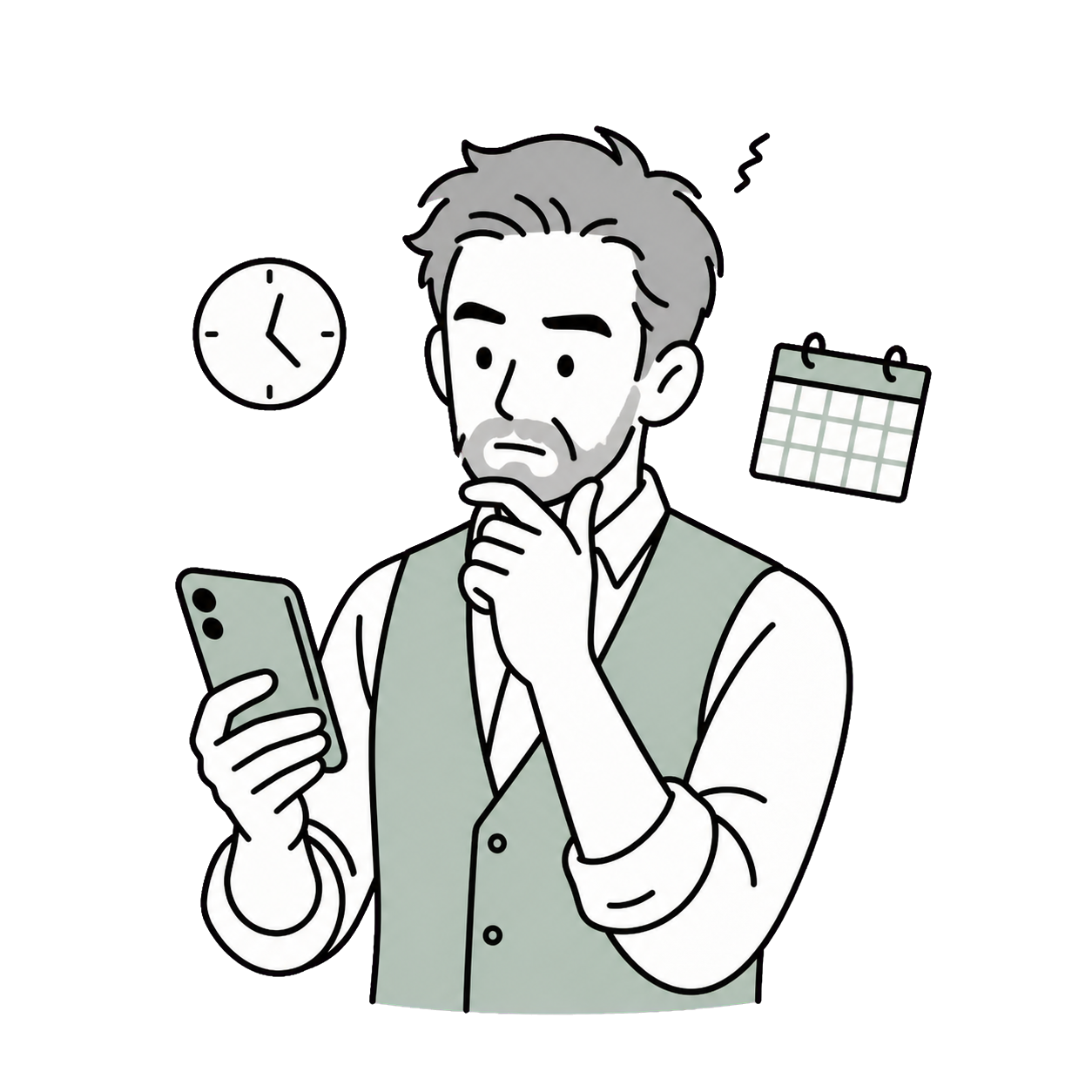 SNSの更新時期を思い出せず困っている男性店舗オーナーのイラスト