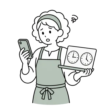 サイトごとに異なる営業時間を見て困っている女性店舗オーナーのイラスト