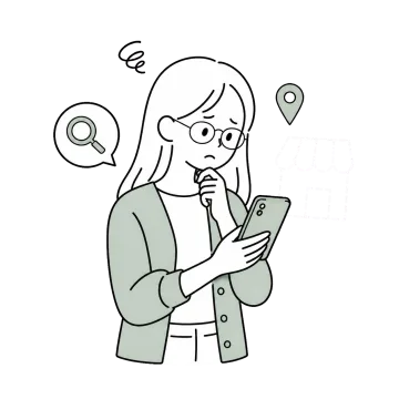 検索しても自分のお店が見つからず困っている女性店舗オーナーのイラスト